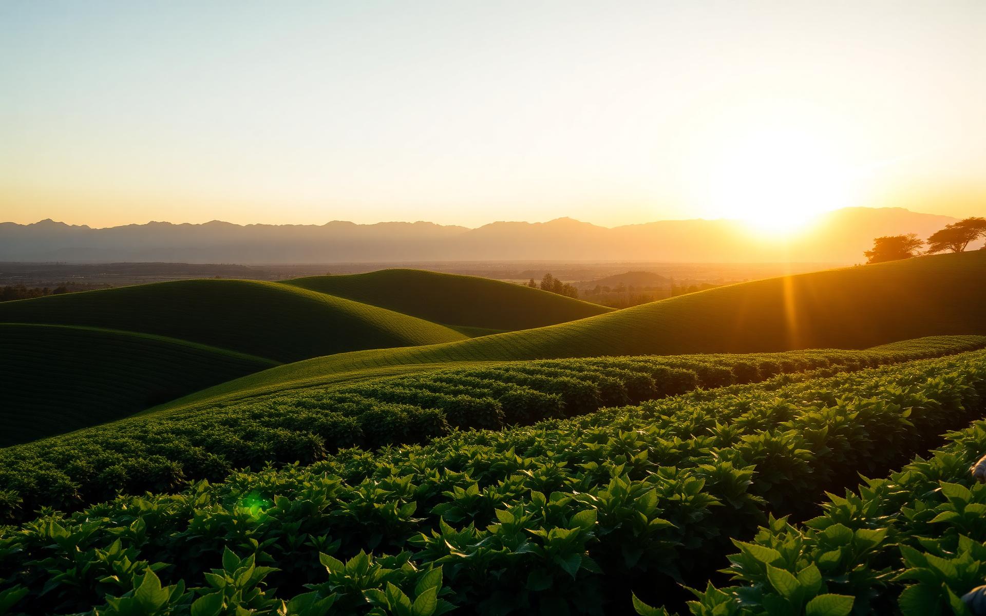 Rolling green farmland at sunrise